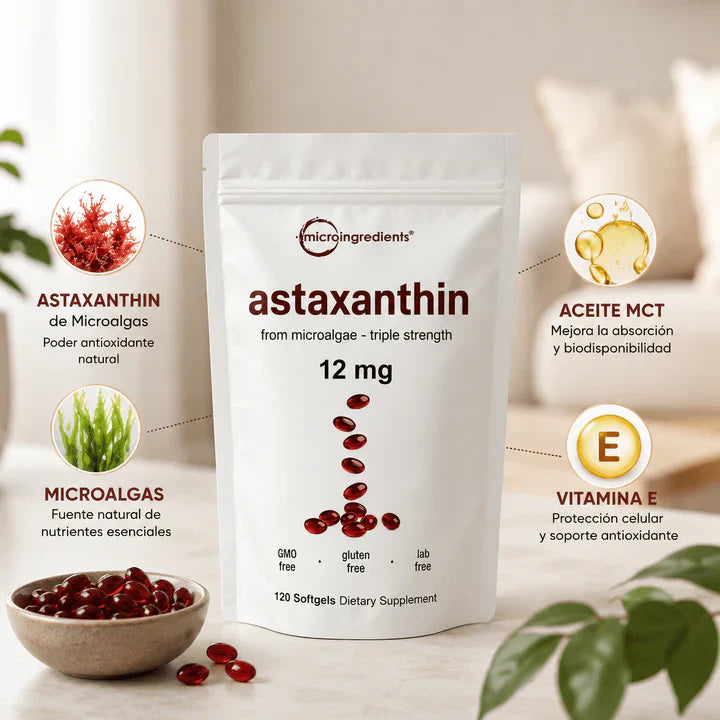 Astaxanthin 12 mg de Microingredients® Cuida tu piel, ojos y células desde hoy con protección antioxidante avanzada