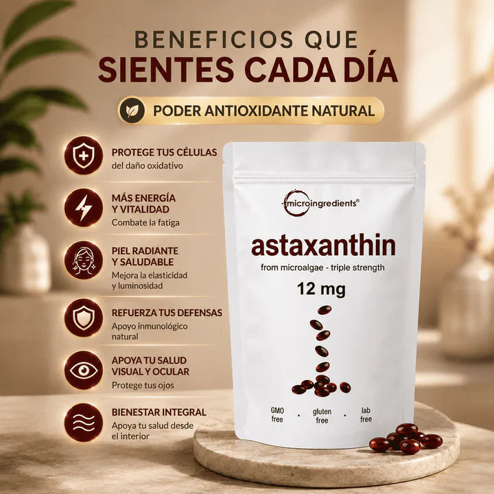 Astaxanthin 12 mg de Microingredients® Cuida tu piel, ojos y células desde hoy con protección antioxidante avanzada