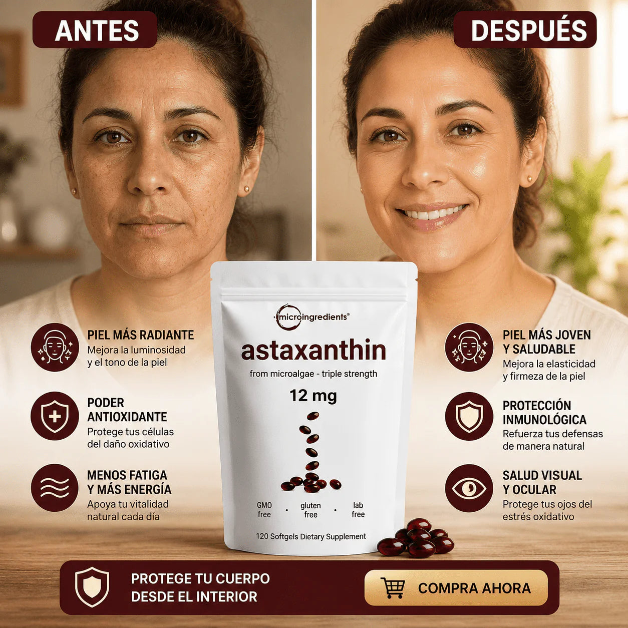 Astaxanthin 12 mg de Microingredients® Cuida tu piel, ojos y células desde hoy con protección antioxidante avanzada