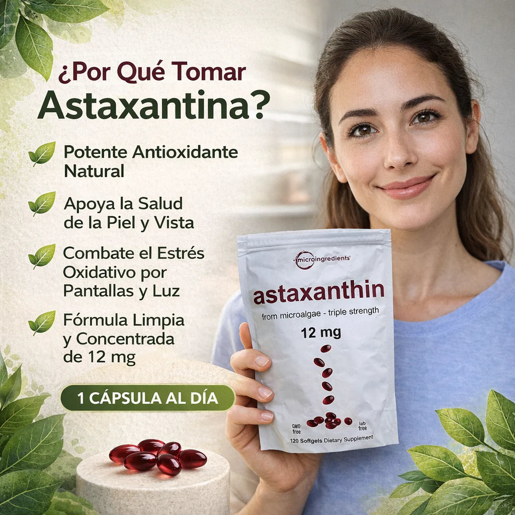 Astaxanthin 12 mg de Microingredients® Cuida tu piel, ojos y células desde hoy con protección antioxidante avanzada